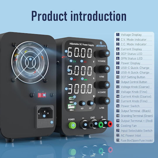 Sursă de Alimentare de Laborator 60 V 5 A DC Reglaj Fin Grosier prin Encoder 20 W USB-C USB-A Protecție la Supracurent OCP Ventilator de Răcire Intrare AC115V/230V Jesverty