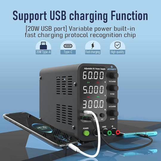 Sursă de Alimentare de Laborator 60 V 5 A DC Reglaj Fin Grosier prin Encoder 20 W USB-C USB-A Protecție la Supracurent OCP Ventilator de Răcire Intrare AC115V/230V Jesverty