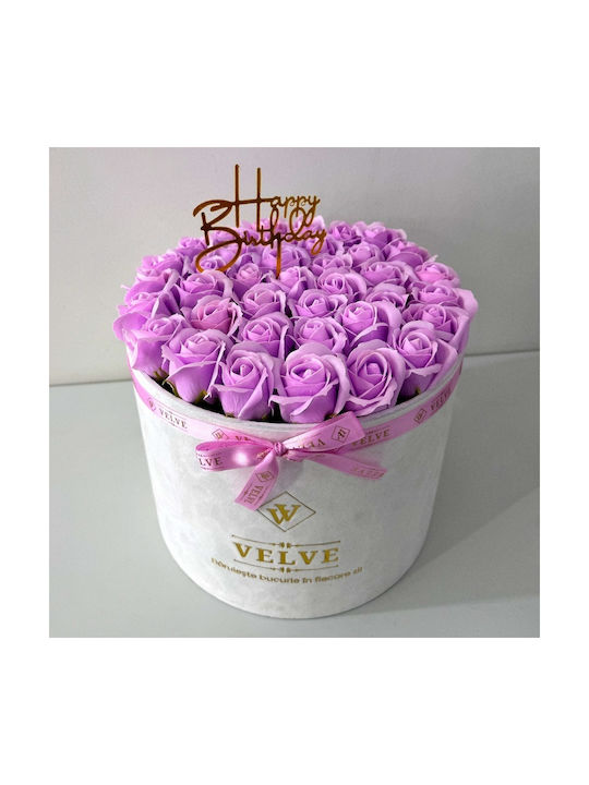 Majestic Lilac Floral Arrangement Soap Roses In A White Velvet Box "happy Birthday" Message