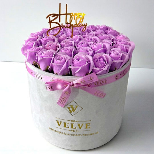 Majestic Lilac Floral Arrangement Soap Roses In A White Velvet Box "happy Birthday" Message