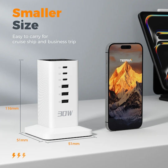 Tessan Smart Πολύπριζο 6 Θέσεων με 3 USB-A, 3 USB-C και Καλώδιο 2m