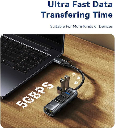 Yesido HB21 Hub 4 Ports USB 3.0 with USB-A / USB-C / Ethernet Connection Gray