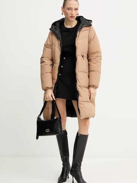 Lang Damen Puffer Jacke Wendbar für Winter Black/Beige