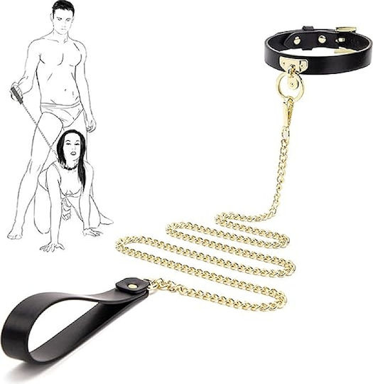Smd Minx Sm Adjustable Leather Neck Chocker Collar Chain Leash Submissive Κολάρο Λουρί Black Gold