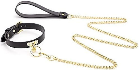 Smd Minx Sm Adjustable Leather Neck Chocker Collar Chain Leash Submissive Κολάρο Λουρί Black Gold