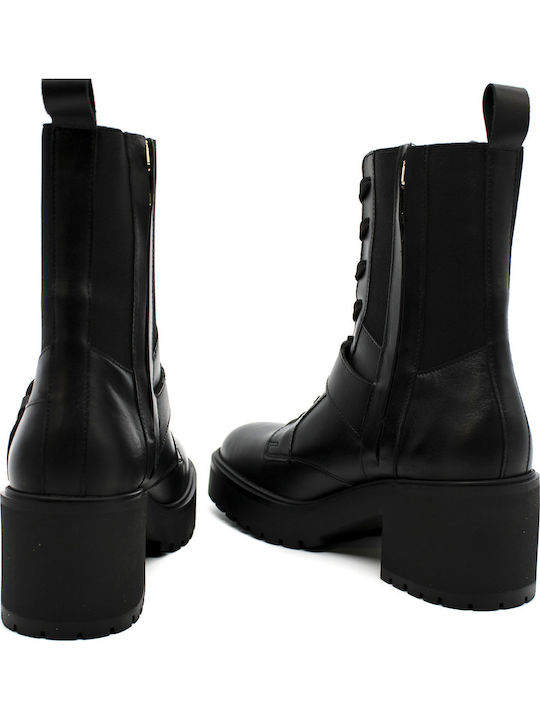Leather Medium Heel Women's Boots with Zipper Black