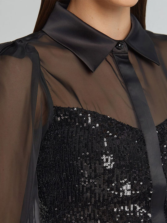 Women's Satin Long Sleeve Shirt Black