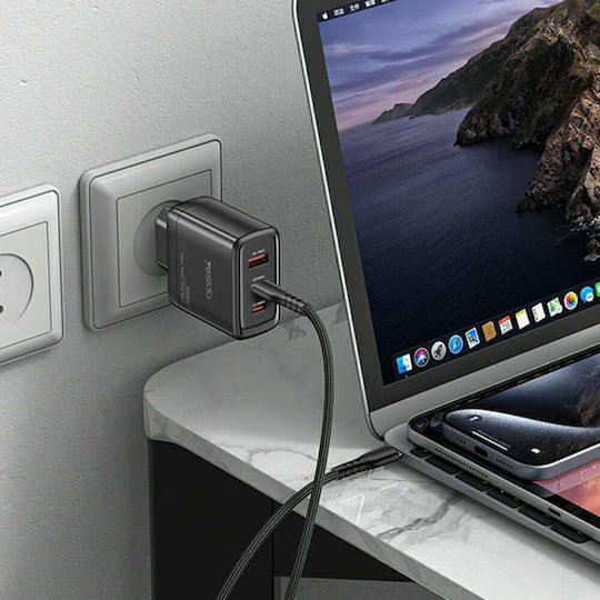 Yesido Charger Without Cable GaN with USB-A Port and 2 USB-C Ports 65W Power Delivery Blacks (YC144)