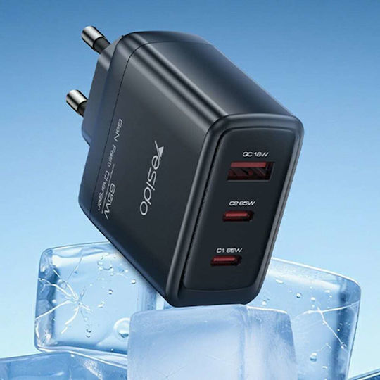 Yesido Charger Without Cable GaN with USB-A Port and 2 USB-C Ports 65W Power Delivery Blacks (YC144)