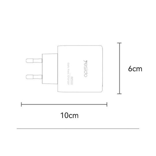 Yesido Charger Without Cable GaN with USB-A Port and 2 USB-C Ports 65W Power Delivery Blacks (YC144)