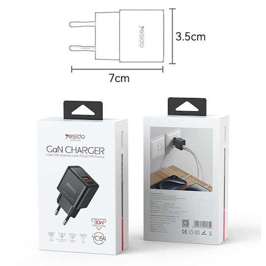Yesido Charger Without Cable GaN with USB-A Port and USB-C Port 30W Power Delivery Blacks (YC64)
