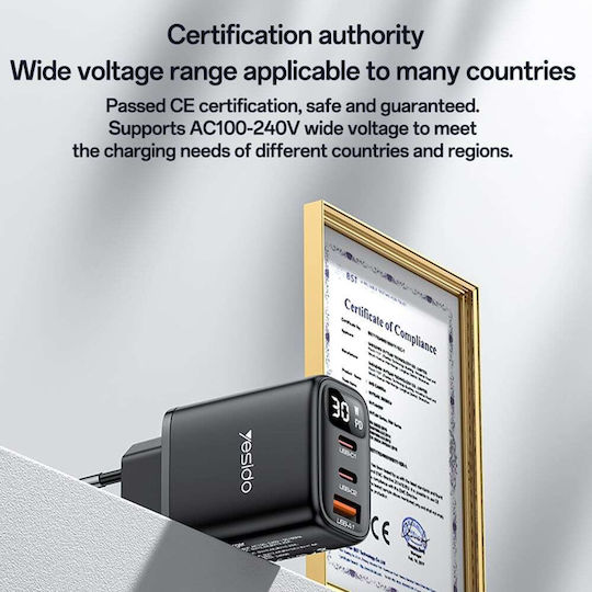 Yesido Ladegerät ohne Kabel mit USB-A Anschluss und 2 USB-C Anschlüsse 30W Stromlieferung Schwarzs (YC69)