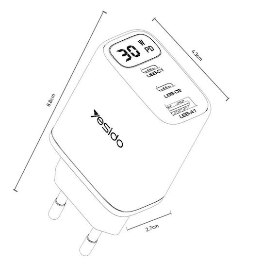 Yesido Ladegerät ohne Kabel mit USB-A Anschluss und 2 USB-C Anschlüsse 30W Stromlieferung Schwarzs (YC69)