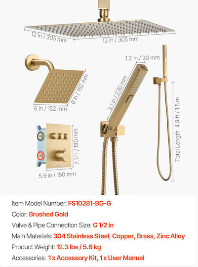 Vevor Built-in Mixer & Shower Head Set for Shower Gold 197988711087