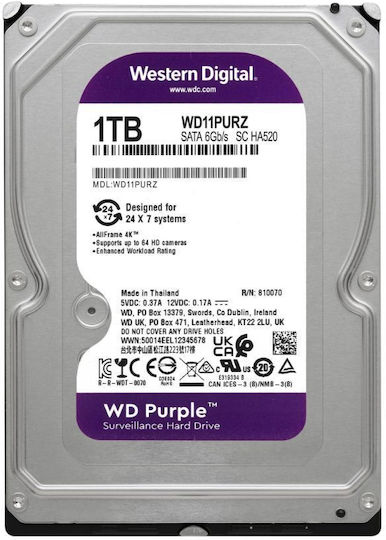 Western Digital Purple 1TB HDD Σκληρός Δίσκος 3.5" SATA III 5400rpm με 64MB Cache για Καταγραφικό WD11PURZ