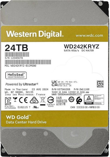 Western Digital Gold Enterprise Class 24TB HDD Hard Drive 3.5" SATA III 7200rpm with 512MB Cache for Server / Recorder WD242KRYZ