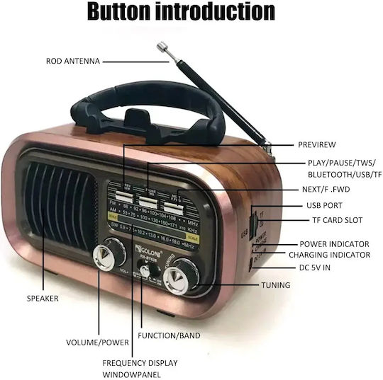 Golon RX-BT618S Retro Tragbares Radio mit Bluetooth und USB Gold