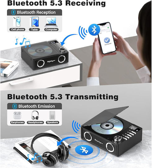 CD Player Portabil Bluetooth 5.3 Baterie 4000 mAh Telecomandă Sunet Hifi Ecran LED Difuzor Integrat Radio USB TF Aux Port Ieșire Optică Negru