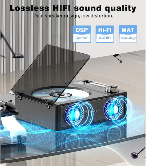 CD Player Portabil Bluetooth 5.3 Baterie 4000 mAh Telecomandă Sunet Hifi Ecran LED Difuzor Integrat Radio USB TF Aux Port Ieșire Optică Negru
