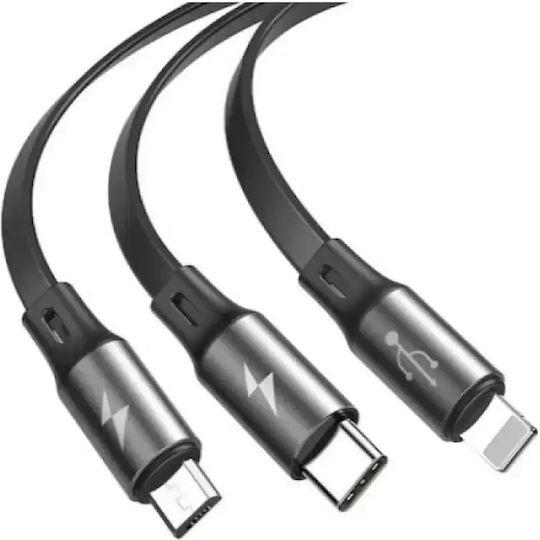 Braided USB to Lightning / Type-C / micro USB Cable Μαύρο 1m (S-687)