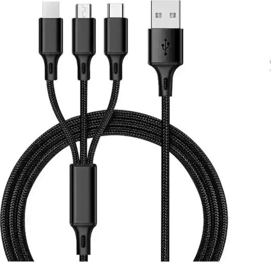 Braided USB to Lightning / Type-C / micro USB Cable Μαύρο 1m (S-687)