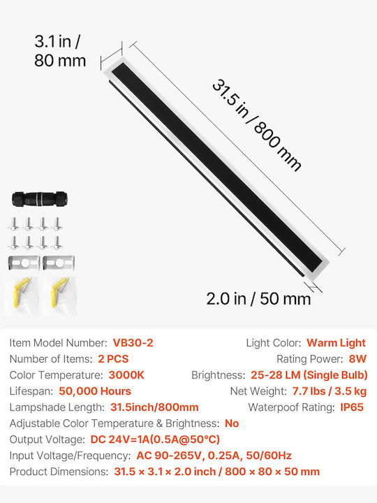 Vevor Επιτοίχιο Γραμμικό Φωτιστικό LED IP65 8W με Θερμό Λευκό Φως Διπλής Δέσμης 80x8x5εκ.