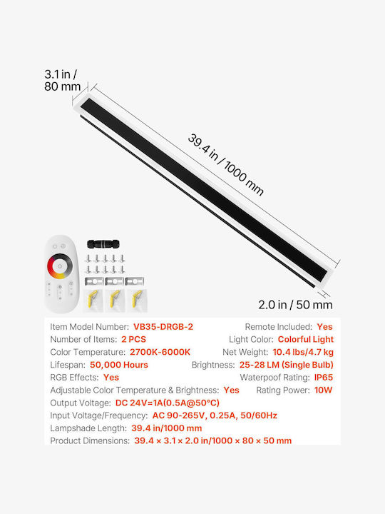 Vevor Wall-Mounted Linear LED Lighting IP65 10W with RGB Light