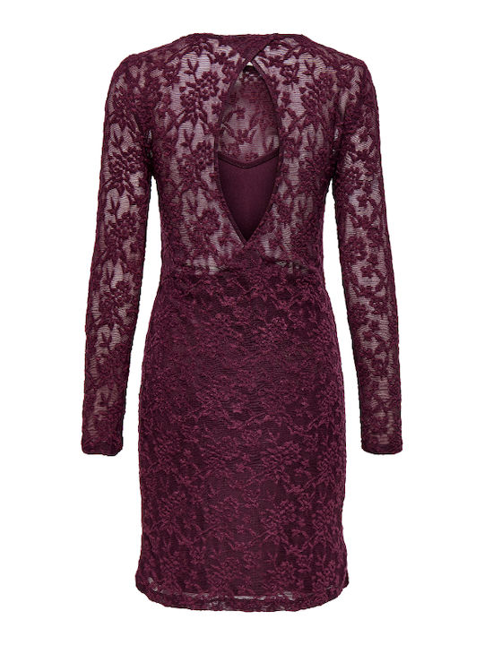 Mini Evening Dress Open Back with Lace & Mesh Red Wine