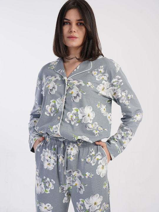 Vienetta Secret Χειμερινό Γυναικείο Σετ Πιτζάμας Βαμβακερό Γκρι