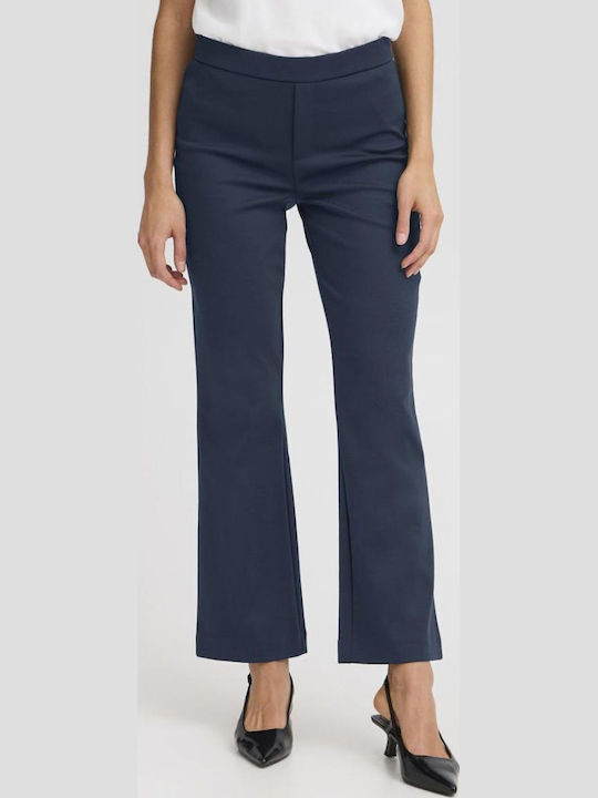 Women's High-waisted Fabric Capri Trousers Flared Blue Navy