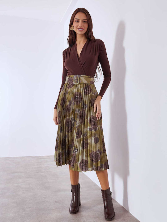 Celestino Women's Pleated Floral Skirt Belt Loose Fit Khaki