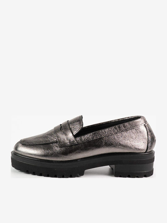 Δερμάτινα Γυναικεία Loafers σε Ασημί Χρώμα