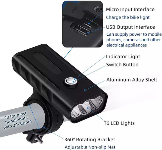 3In1450LumensUSBRechargeableBikeLight-Blac(BX3-T6) Rechargeable Front Bicycle Light