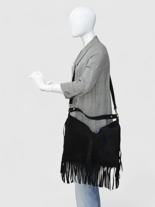 Leather Women's Suede Shoulder Bag with Fringes Dark Brown