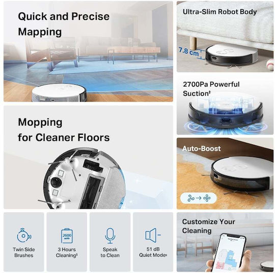TP-LINK Tapo Rv20 Max Σκούπα Ρομπότ με Χαρτογράφηση Laser & Απορρόφηση 5300Pa Λευκή