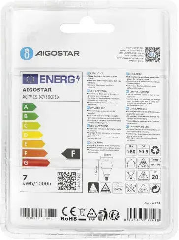 Aigostar Λάμπα LED 7W για Ντουί E14 και Σχήμα A60 Ψυχρό Λευκό 595lm