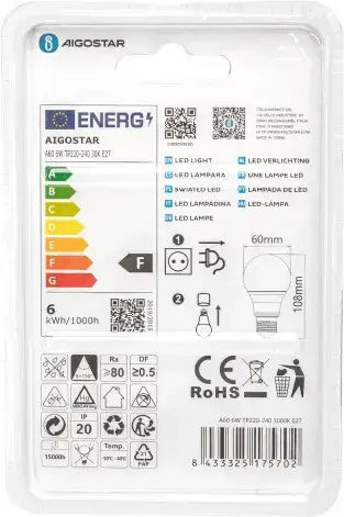 Aigostar Λάμπα LED 6W για Ντουί E27 και Σχήμα A60 Θερμό Λευκό 480lm