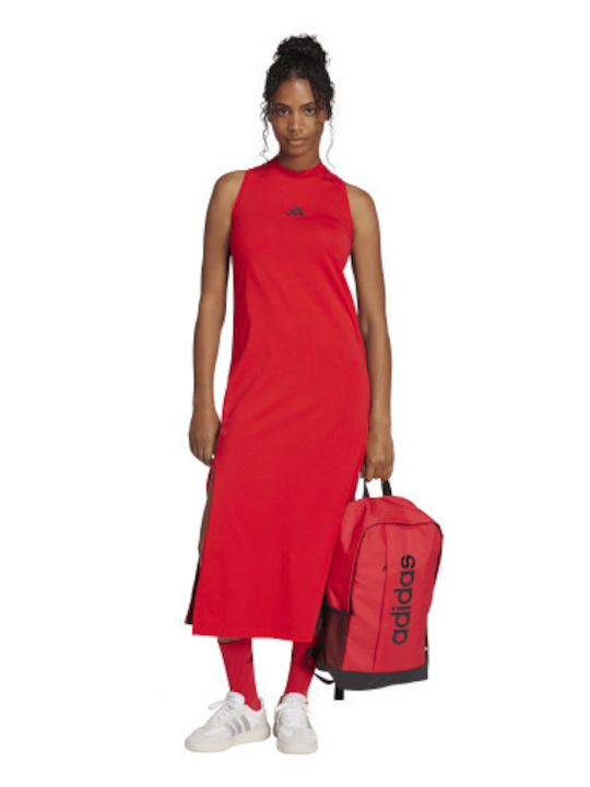 Essentials 3-Stripes Καλοκαιρινό Midi Αθλητικό Φόρεμα Αμάνικο Κόκκινο