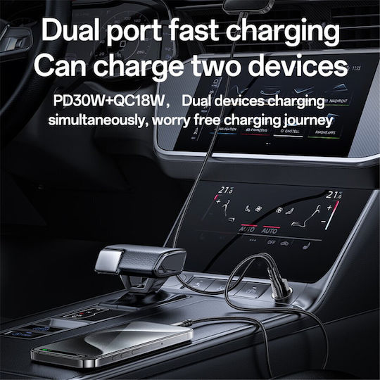 Yesido Car Charger 30W Fast Charging with Ports 1xUSB-A 1xType-C with Type-C Cable Black Colour
