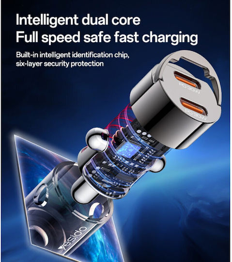 Yesido Car Charger 30W 3A Fast Charging with Ports 2xType-C Black Colour