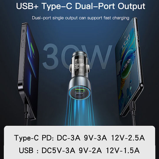 Yesido Автомобилен Зарядно Устройство 30W За Бързо Зареждане С 1xUSB-A И 1xUSB-C Порт Сив Цвят