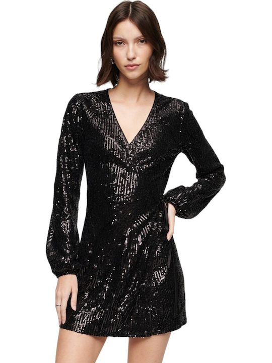 Mini Evening Satin Dress with Wrap Black & White