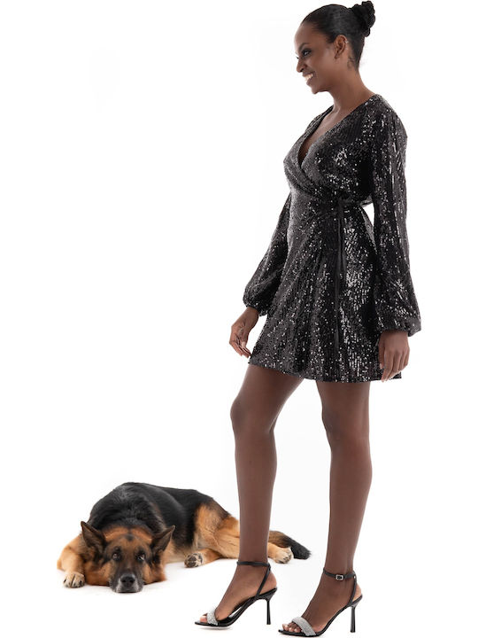 Mini Evening Satin Dress with Wrap Black & White