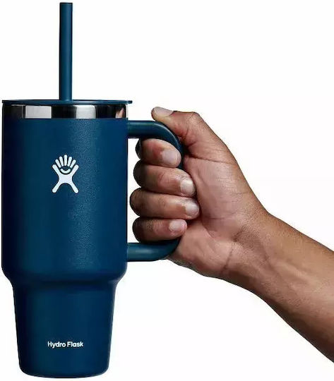 Hydro Flask Travel Tumbler Handled Tumbler Thermos Bottle Stainless Steel BPA Free 946ml Indigo With Straw And Handle