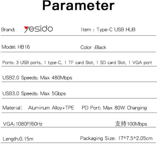 Yesido 3 Port Hub with USB-A Connection Gray