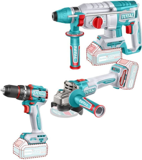 Total Set Angle Wheel & Impact Drill Driver & Hammer Brushless 20V with 2 Batteries 4Ah and Case