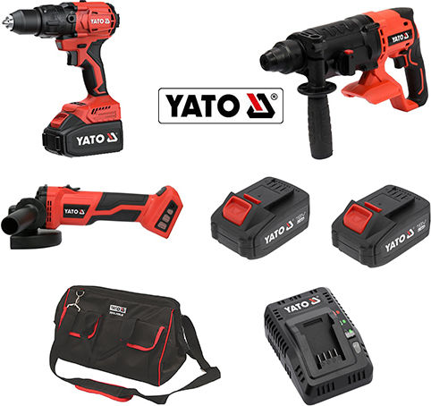 Yato COMBO 3XL Set Eckiges Rad & Bohrschrauber & Hammer Brushless 18V mit 2 Batterien 4Ah und Hülle