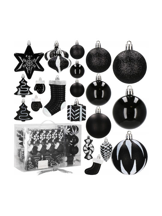 Set Ornamente De Crăciun Pentru Brad Globuri Negre 77 Bucăți Diverse Mărimi