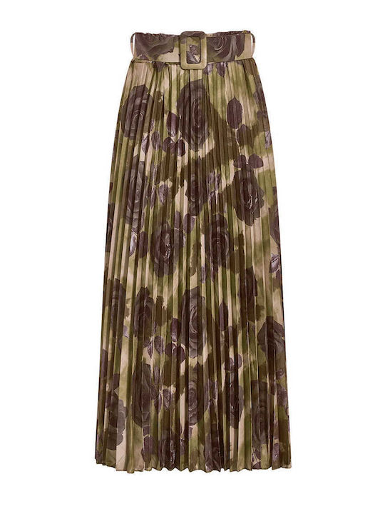 Celestino Women's Pleated Floral Skirt Belt Loose Fit Khaki