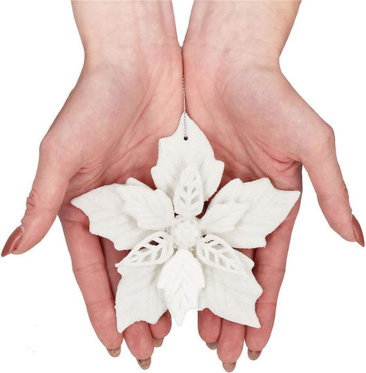 Set 10 Christmas Flowers 12 Cm Glitter Ornaments Plastic White